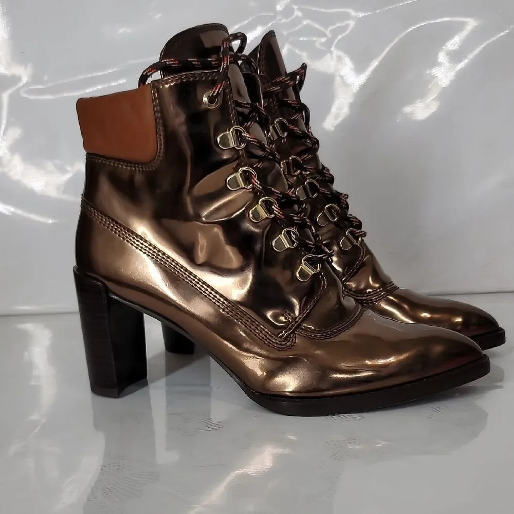 Stuart Weitzman x Gigi Hadid Copper  Military Combat Heeled Bootie Boot Size 9